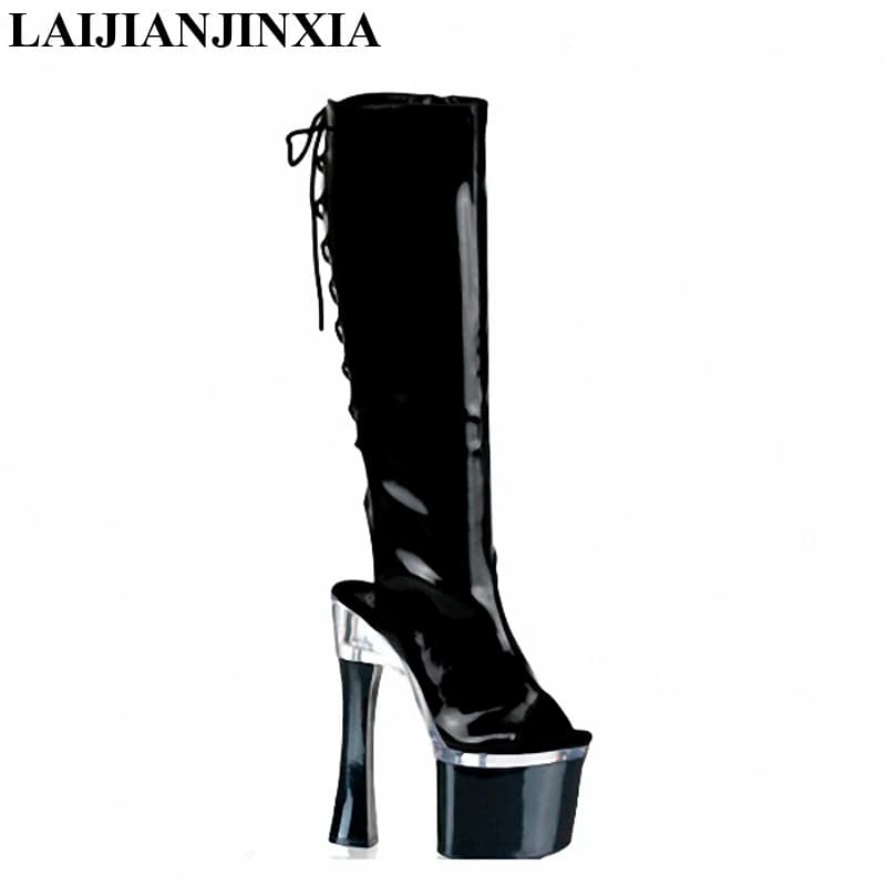 Pelle verniciata sexy Tacchi sottili 18 cm Scarpe col tacco alto Fahion Stivali alti alla coscia Discoteca Pole dancing Cross dressing Gothic Party