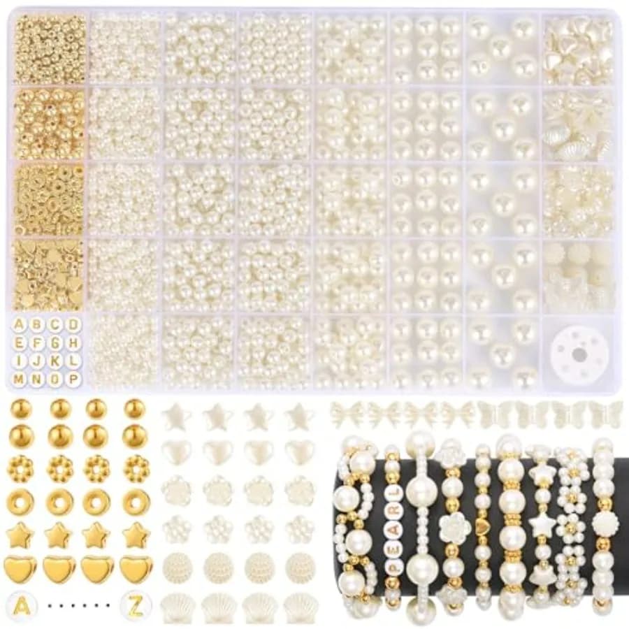 1860 Perle per Creazione Gioielli, Kit per Braccialetti con Perle Rotonde in 5 Misure, Perle con Distanziatori Dorati a Forma di Lettere e Stelle