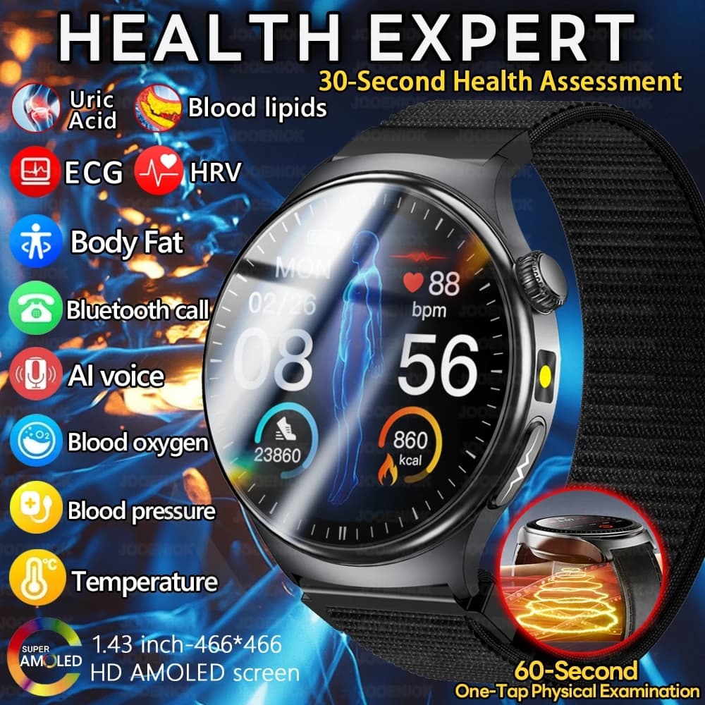 New Professional Smartwatch 2026 for Health Analysis, ECG+PPG, Body Fat, Urico Acid, Blood Lipids, BT Calls, for Men and Women