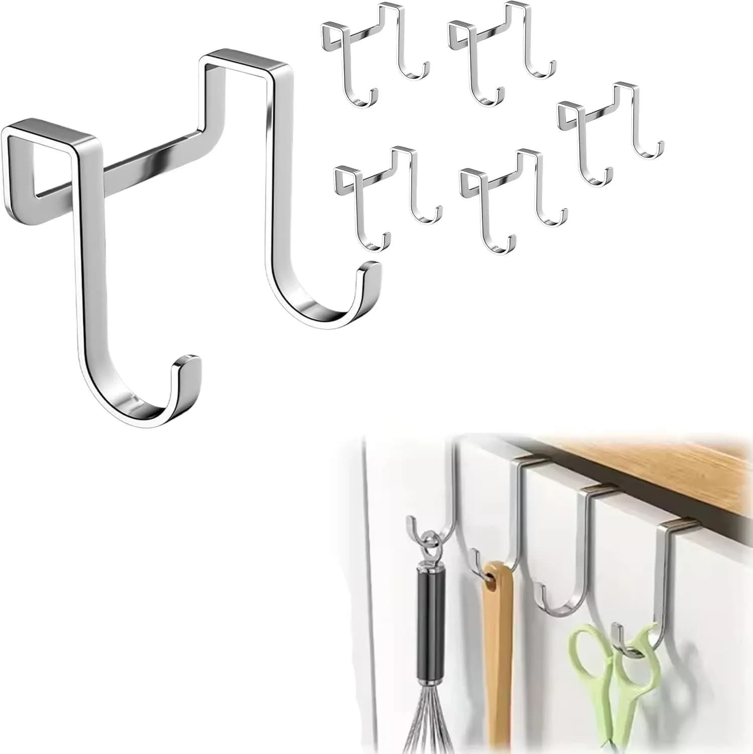 No Drill Stainless Steel Over Cabinet Door Double Hooks 5PCS, Rust Proof Heavy Duty Utility Hanging Hooks, Multi-Purpose Storage Hanger for Towels Clothes Bags Kitchen Bathroom Wardrobe Use