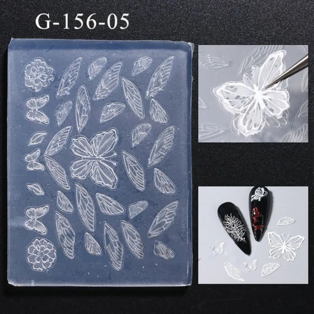 Stampo in silicone 3D per nail art, con fiocchi di neve e farfalle in rilievo, stencil in gel per decorazioni unghie fai da te.
