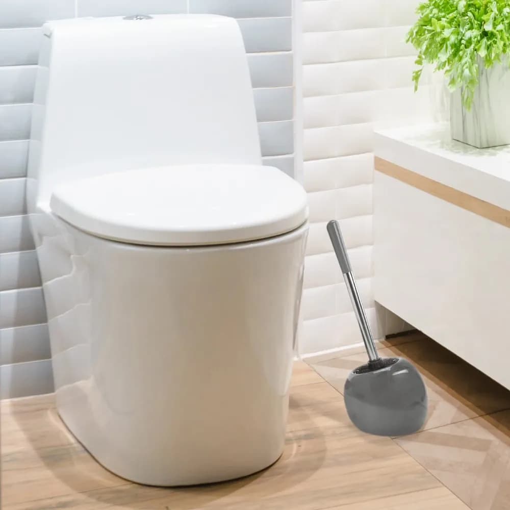 Ceramic Toilet Brush Holder with Dome Lid Grey Bathroom Cleaning Tool Storage Container