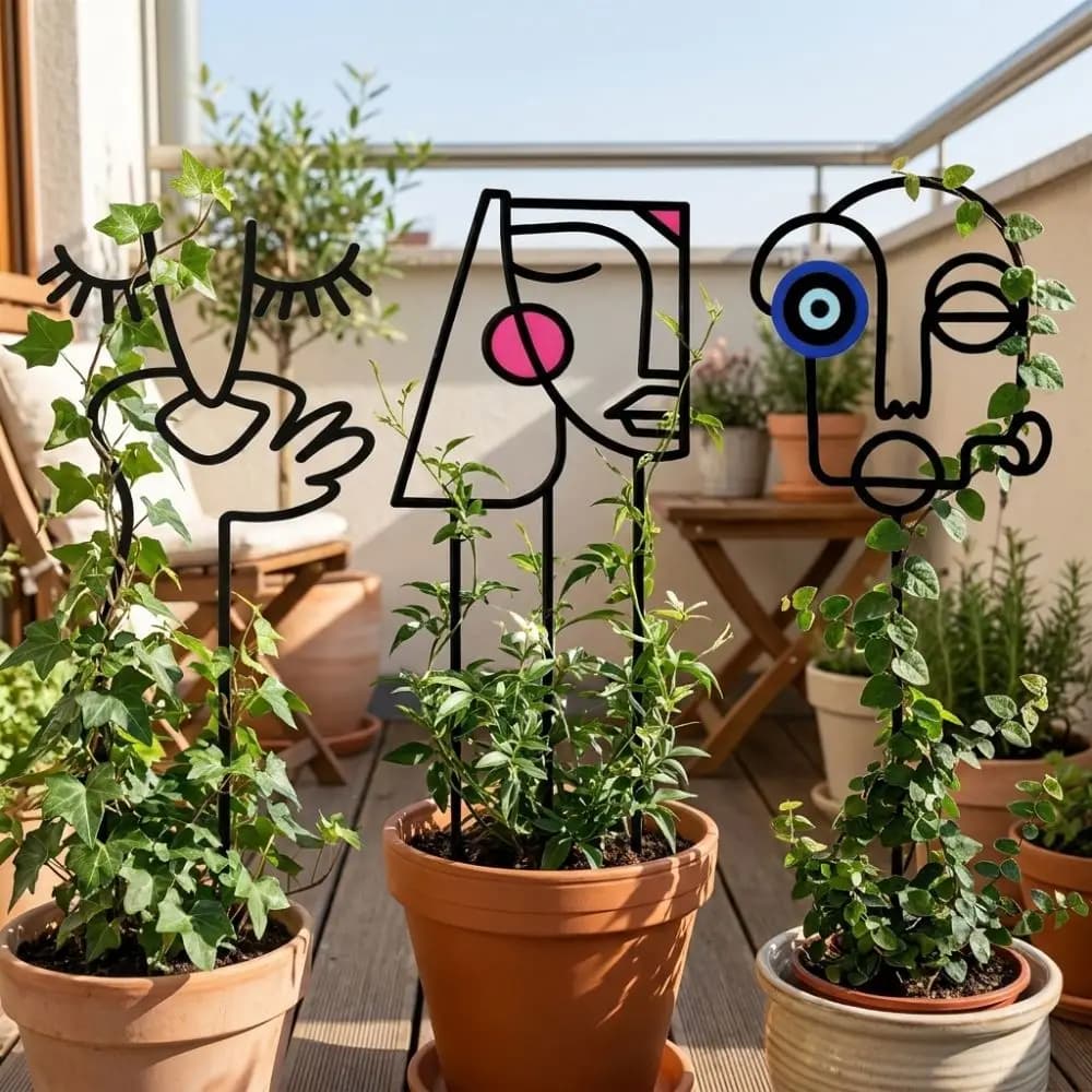 Abstract Line Plant Climbing Trellis Geometric Face Iron Art Flower Pot Bracket Human Face Shaped Weather Resistance