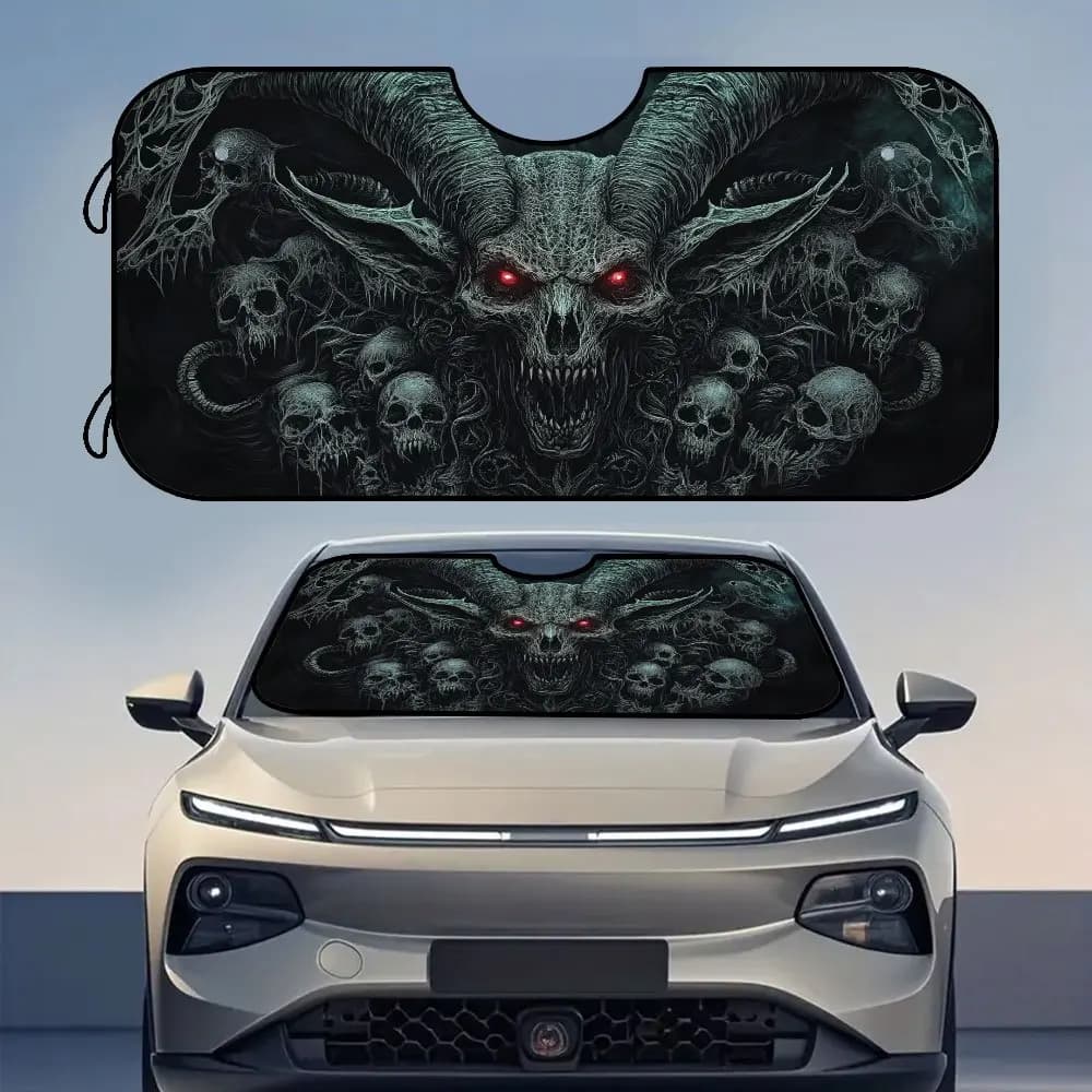 Parabrezza anteriore con design a corna da diavolo gotico da 1 pezzo - Visiera per auto pieghevole in poliestere con occhi rossi e teschi, migliora l'interio