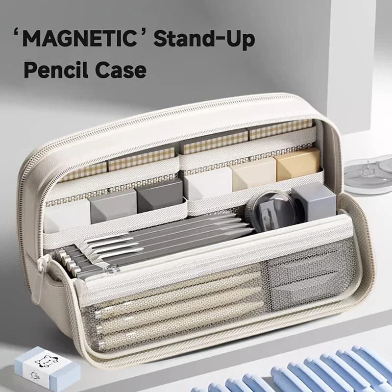 Classic Simple Double Color Magnetic 11-Layer Magnetic Stand-Up Pencil Case Large Capacity Storage Office Pen Bag Back to School