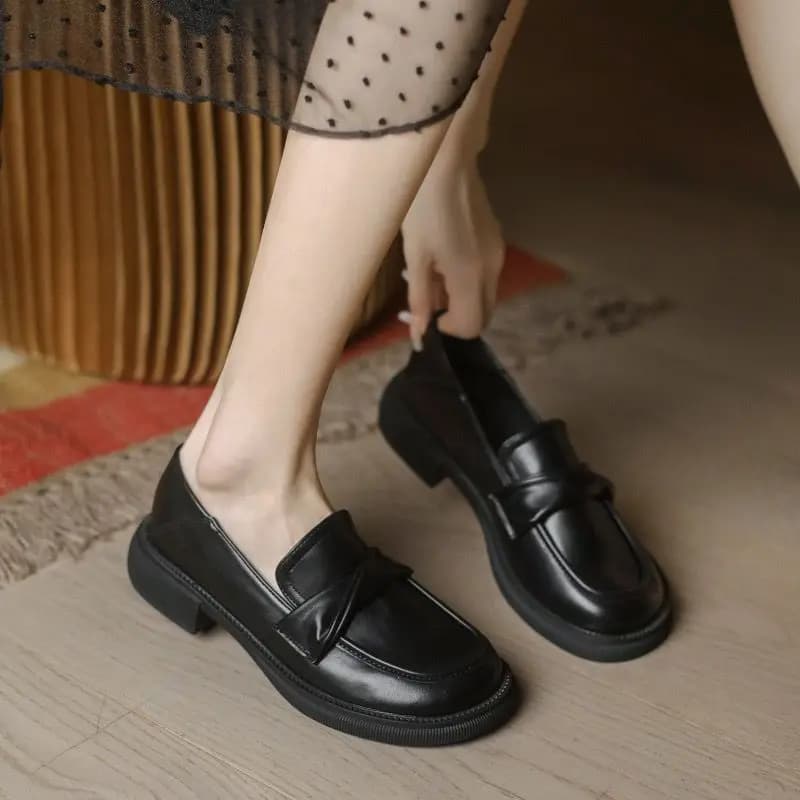 ​ Mocassini in vera pelle da donna Primavera Autunno Mocassini con suola spessa stile britannico Scarpe da donna nere Mocassini con tacco spesso moda ​