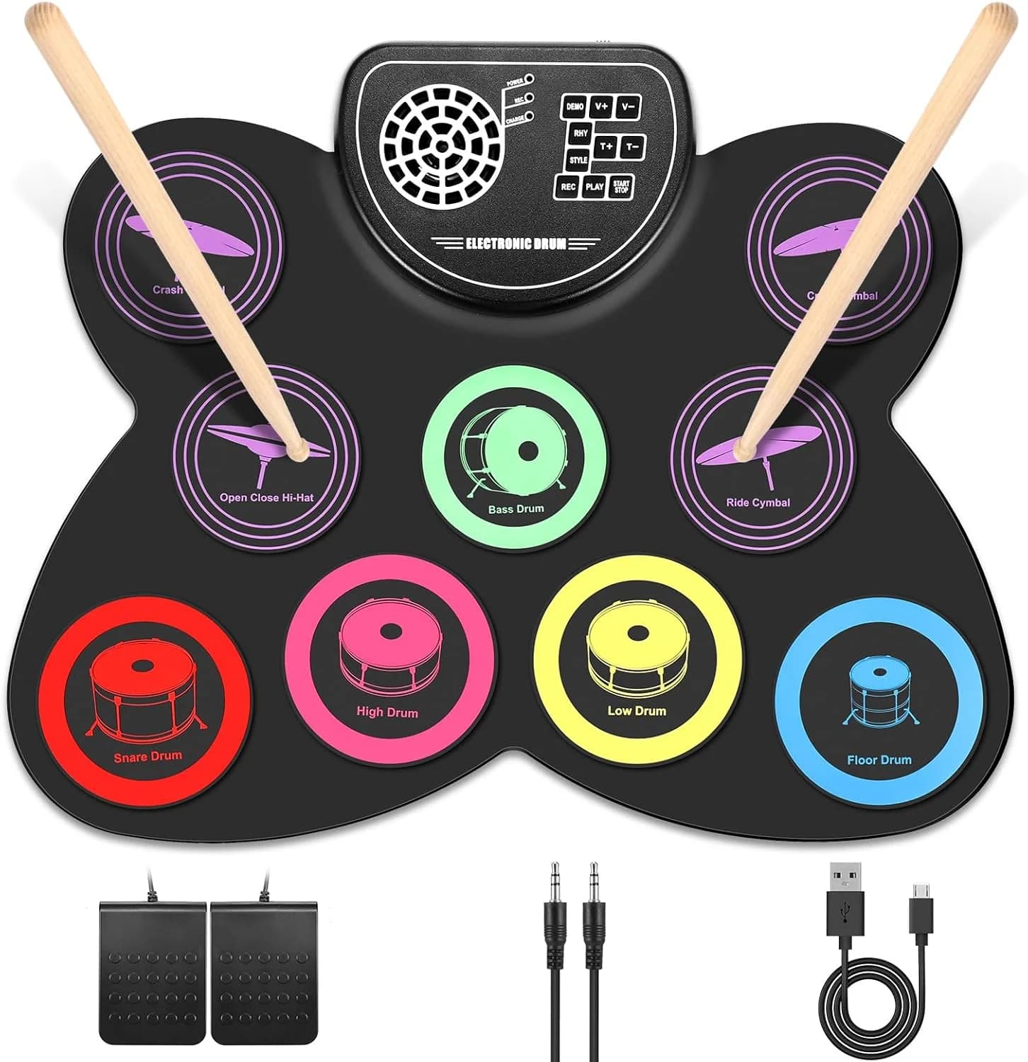Folding Music Drums Hand Roll USB Electronic Silicon Drum Portable Practice Drums Kit 7-Pad Kit With Drumsticks Sustain Pedal