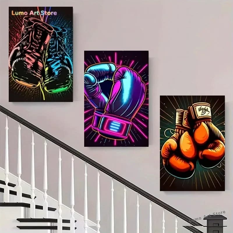 2D Flat, 2D Flat, 3pcs, Colorful Boxing Gloves Canvas Art, Modern Wall Art Poster for Living Room Bedroom Gym, Cool Wall Deco