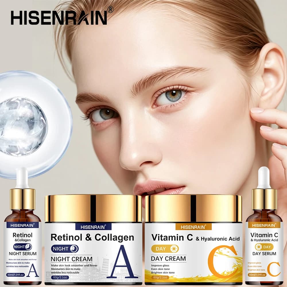 HISENRAIN 4PCS Vitamin C and Hyaluronic Acid Day and Night Serum&Cream Set, Firms skin, deep hydration, easily absorbed