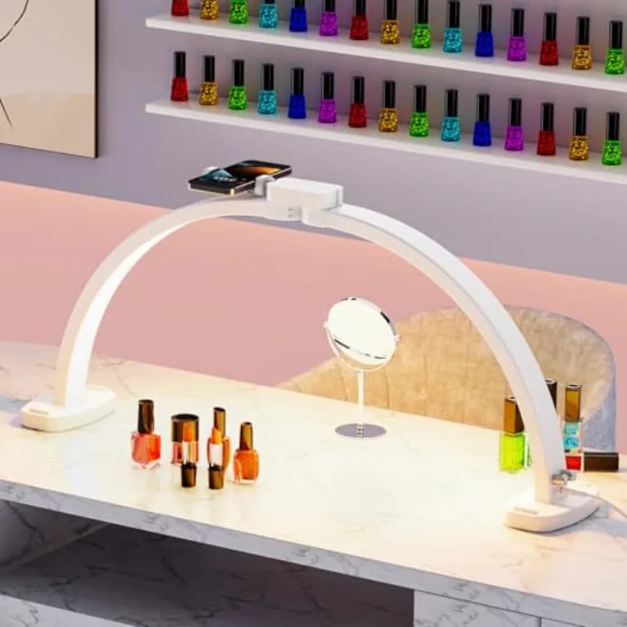 Lampada per Unghie da Scrivania 31 Pollici Pieghevole a Mezzaluna con Supporto per Telefono, Perfetta per Principianti, Temperatura Colore/Luminosità Regolabili