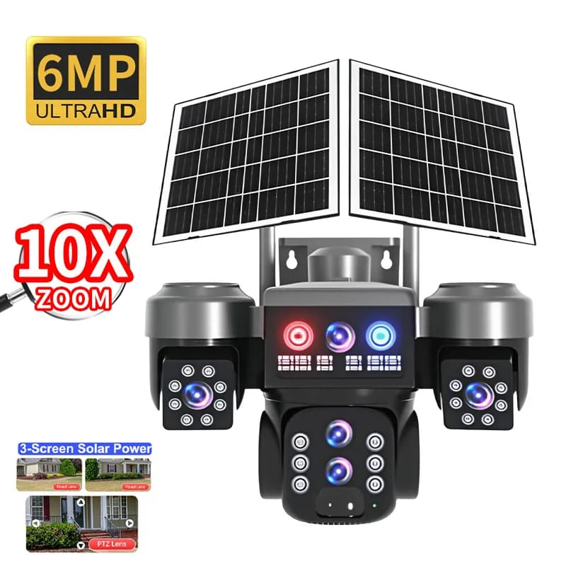 Telecamera di Sicurezza Domestica 6MP V380pro APP 10X con Alimentazione Solare, Tripla Lente, 4G/WIFI, Visione Notturna a Colori, Rilevamento Umanoide AI, Monitor per Bambini