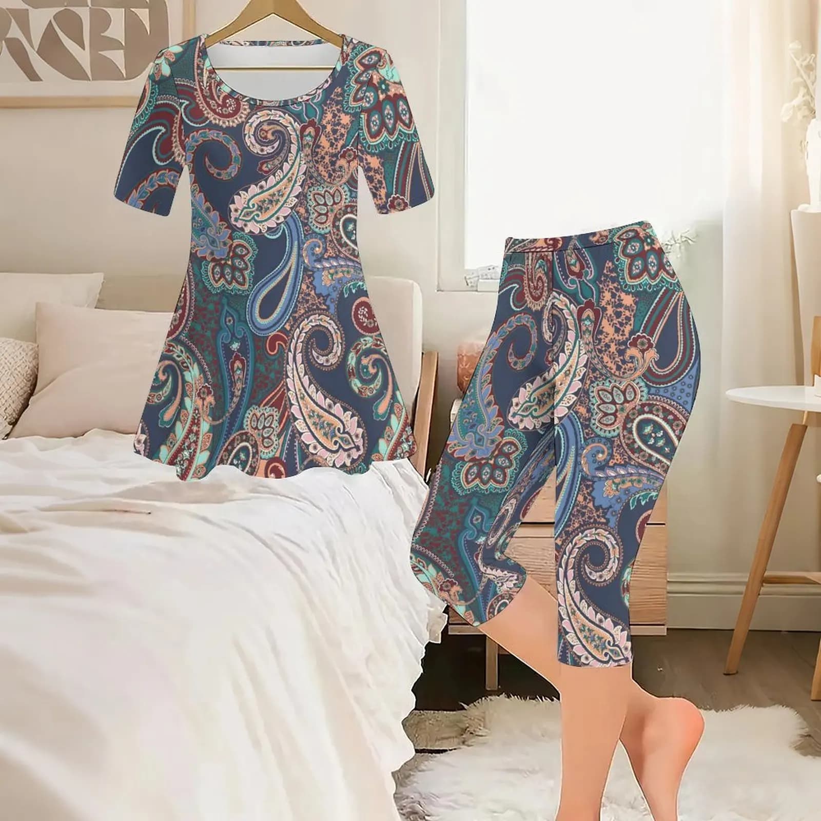 2pcs Ladies Printed Pants Casual Jogger Pants Round Neck Short Sleeve Fashion Leggings Set Women's Daily Top Slim Sport Pants