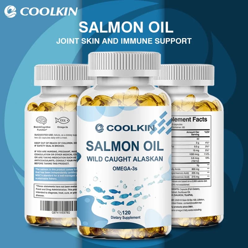 Salmon oil supplement: contains Omega-3, EPA, DHA and vitamin D for brain and heart health