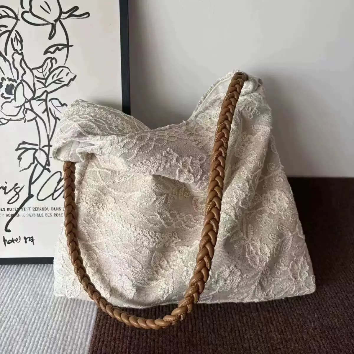 Embroidered Flower Linen Tote Bag, Casual Spring Summer Shoulder Bag for Women – Lightweight Floral Handbag for Commute, Work