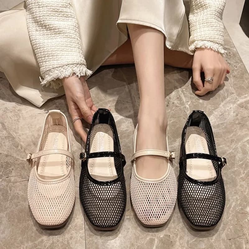 Sandali con fondo piatto con rete da pesca estiva Design cavo Fashio Taglio basso Bocca superficiale Comode scarpe romane da spiaggia da donna