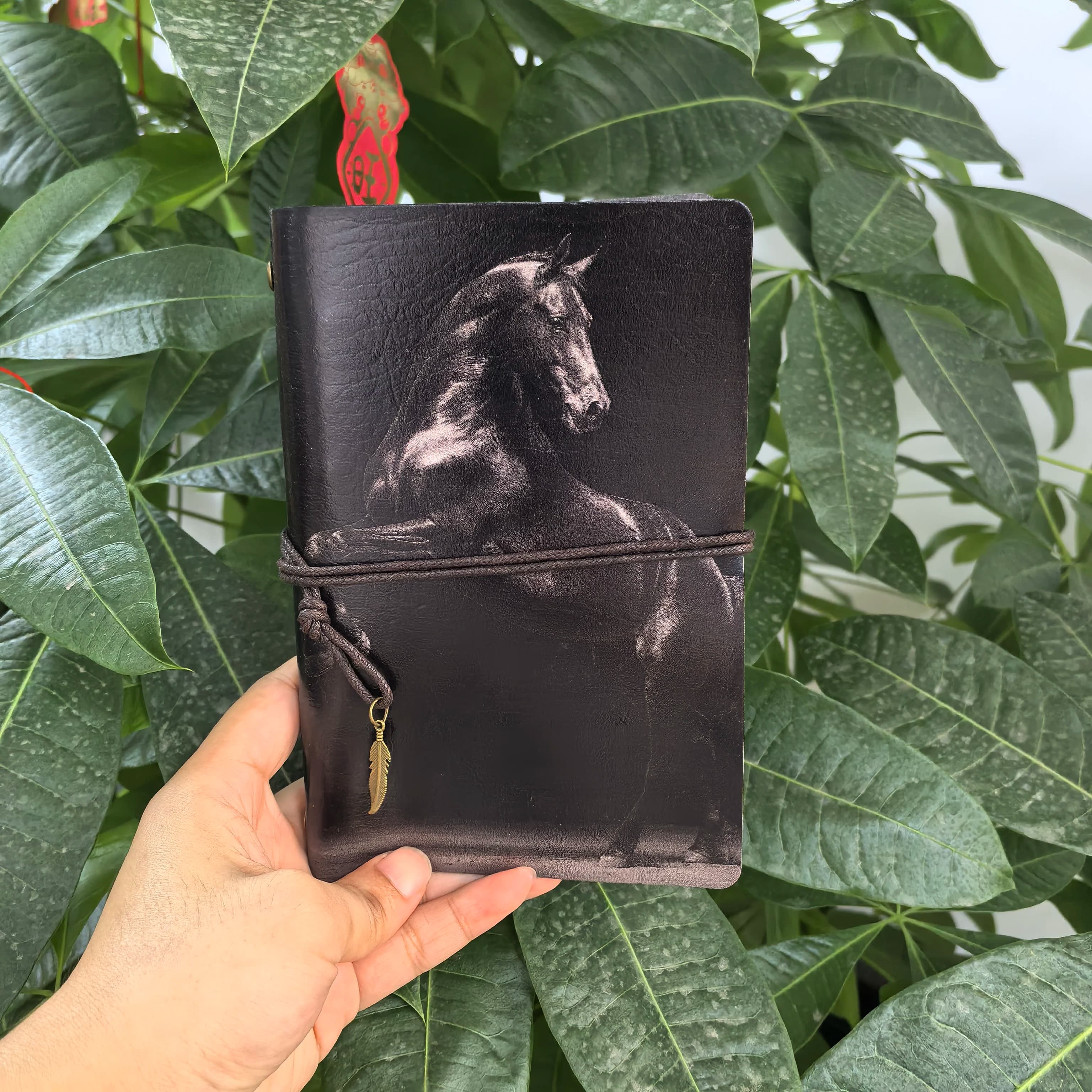 Black Stallion Print PU Leather A6 Notebook with Feather Charm, Vintage Hardcover Journal for Horse Lovers