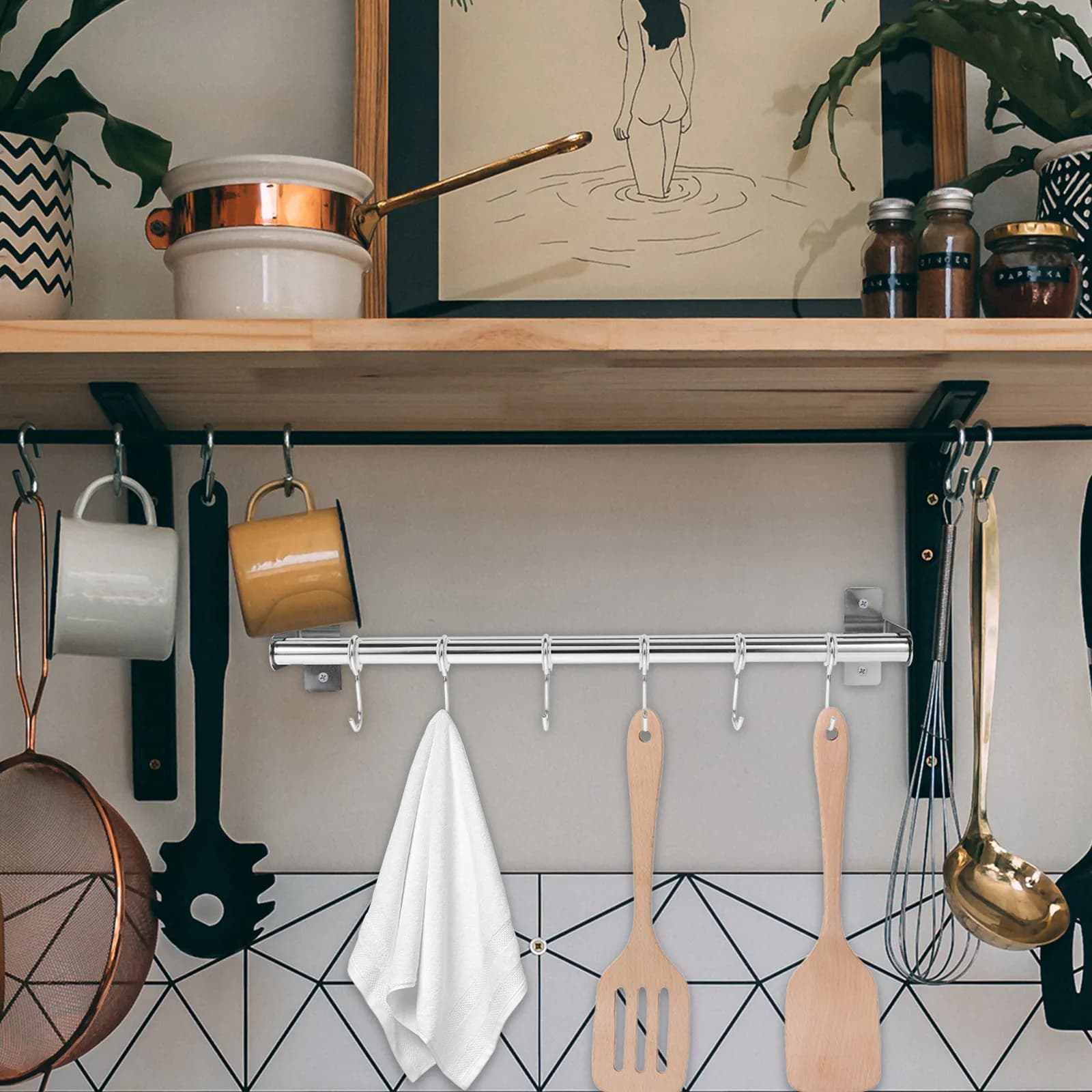 Portaoggetti a Doppia Barra in Acciaio Inox da Parete per Cucina e Bagno, Portasciugamani, Organizzatore per Pentole e Padelle, Antiruggine e Impermeabile