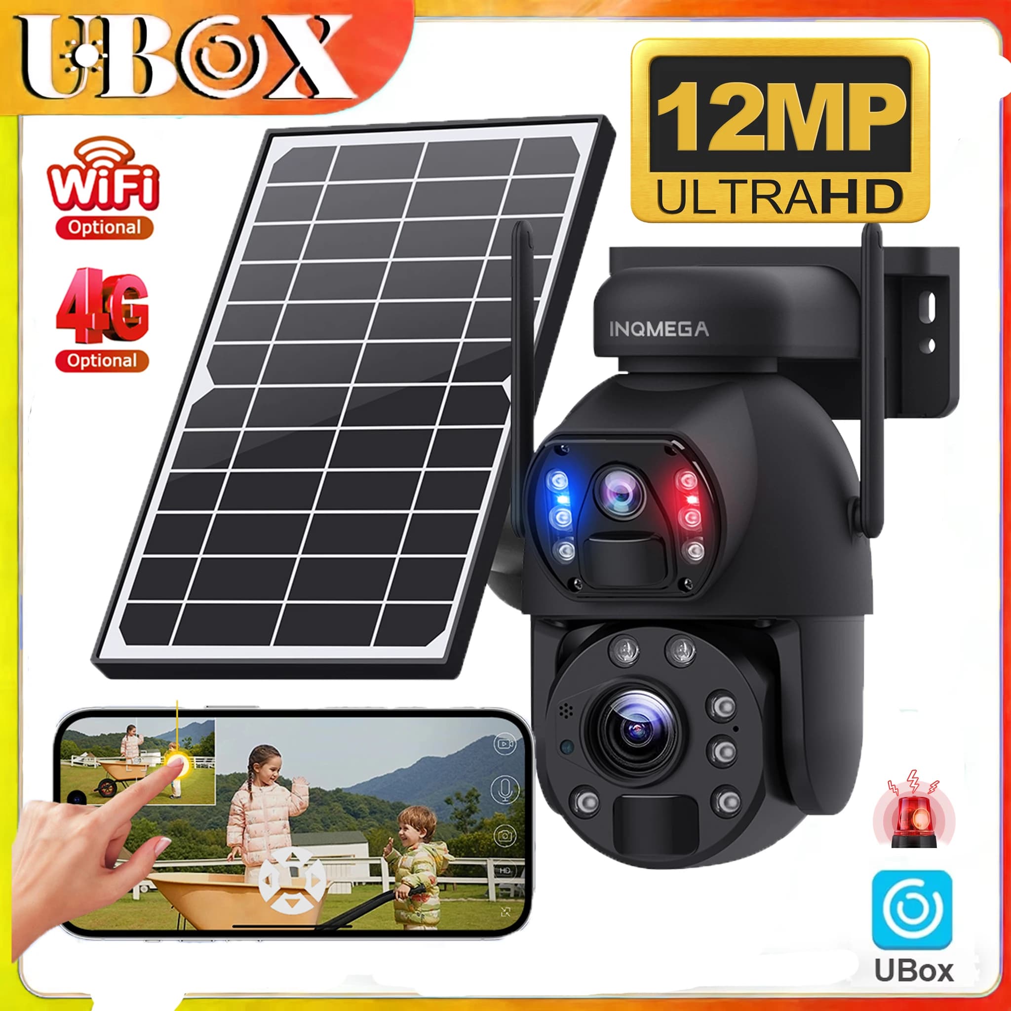 INQMEGA Telecamera Solare 4G con Zoom 50X, 12MP, per Esterni, Rotazione a 360° ° Telecamere di Sicurezza Wireless WIFI a Batteria con Pannello Solare, Visione Notturna PIR UBOX