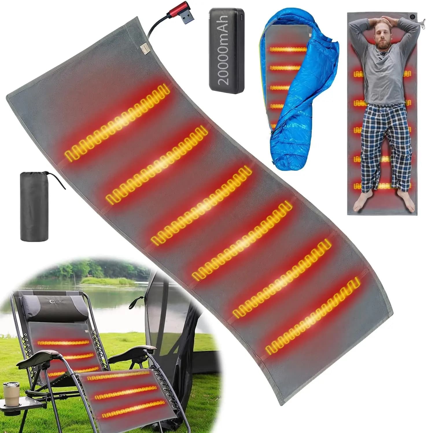 Camping heated sleeping bag cap - with 20000 mAh battery Sleeping bag lining Powered by USB for tent