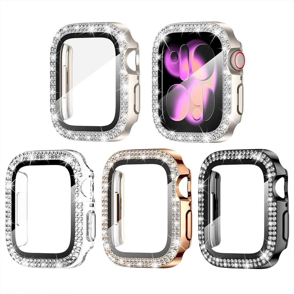 Copertura del diamante per la cassa dell'orologio Apple 45mm 41mm 44mm 40mm vetro temperato + protezione dello schermo del paraurti Bling serie iWatch 9 8 7 6 5 4 SE