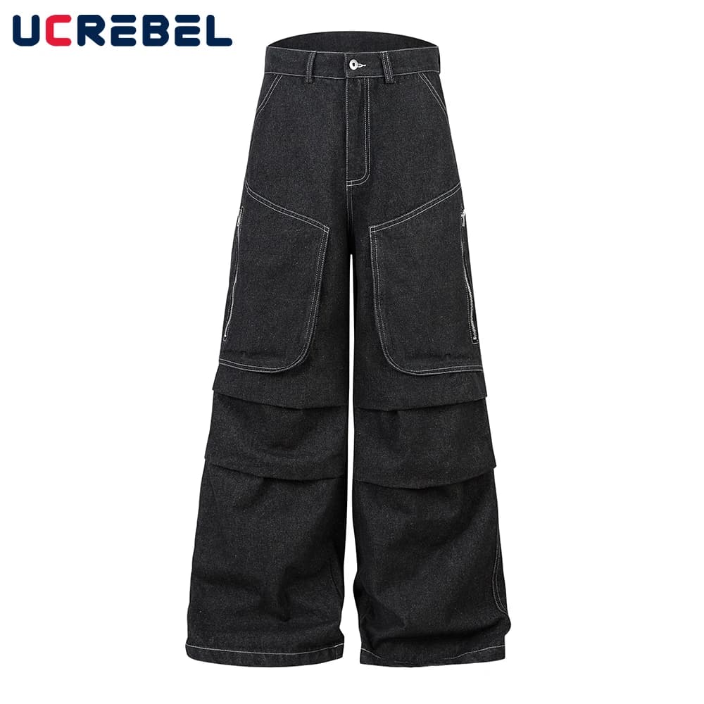 Jeans impiombati con tasca con cerniera Pantaloni da uomo in denim scuro a gamba larga larghi lavati Hip Hop High Street