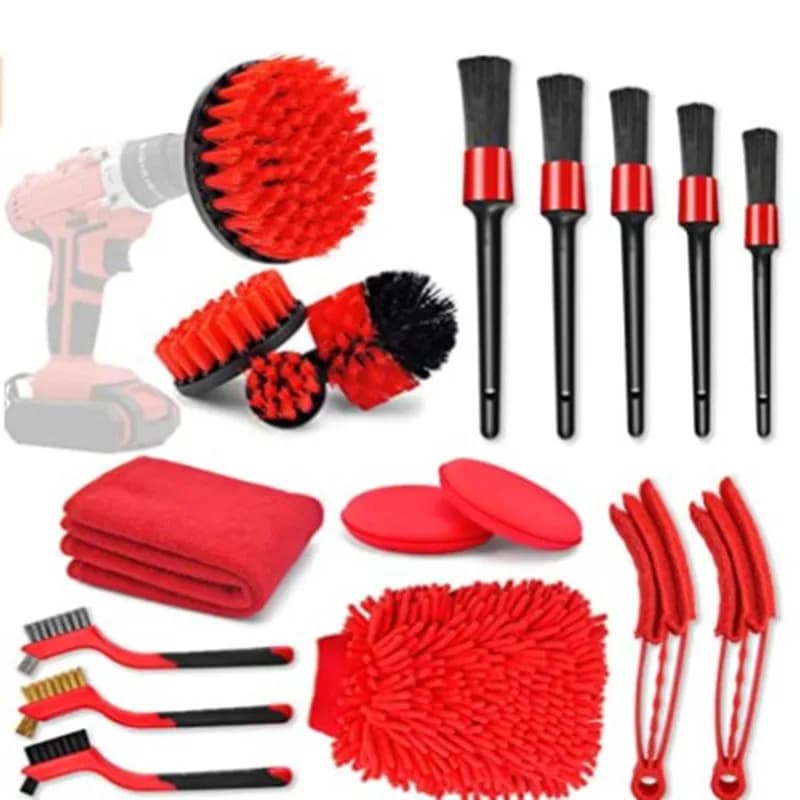 Car Cleaning Brush Kit with Drill Attachments Boar Bristle Detailing Brushes And Wooden Handle round Brushes for Auto Wash Inter