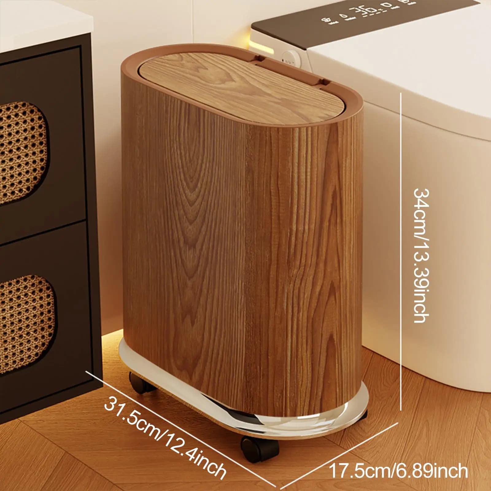 Cestino per Rifiuti con Ruote Rimovibili, Design Sottile, Impermeabile, Coperchio a Pressione, Bidone Slim per Casa, Ufficio, Lavanderia