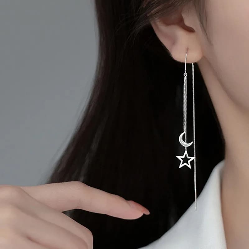 Nuovi Orecchini a Stella e Luna in Argento con Nappine, Semplici e Lunghi, Eleganti Accessori di Moda per Donna