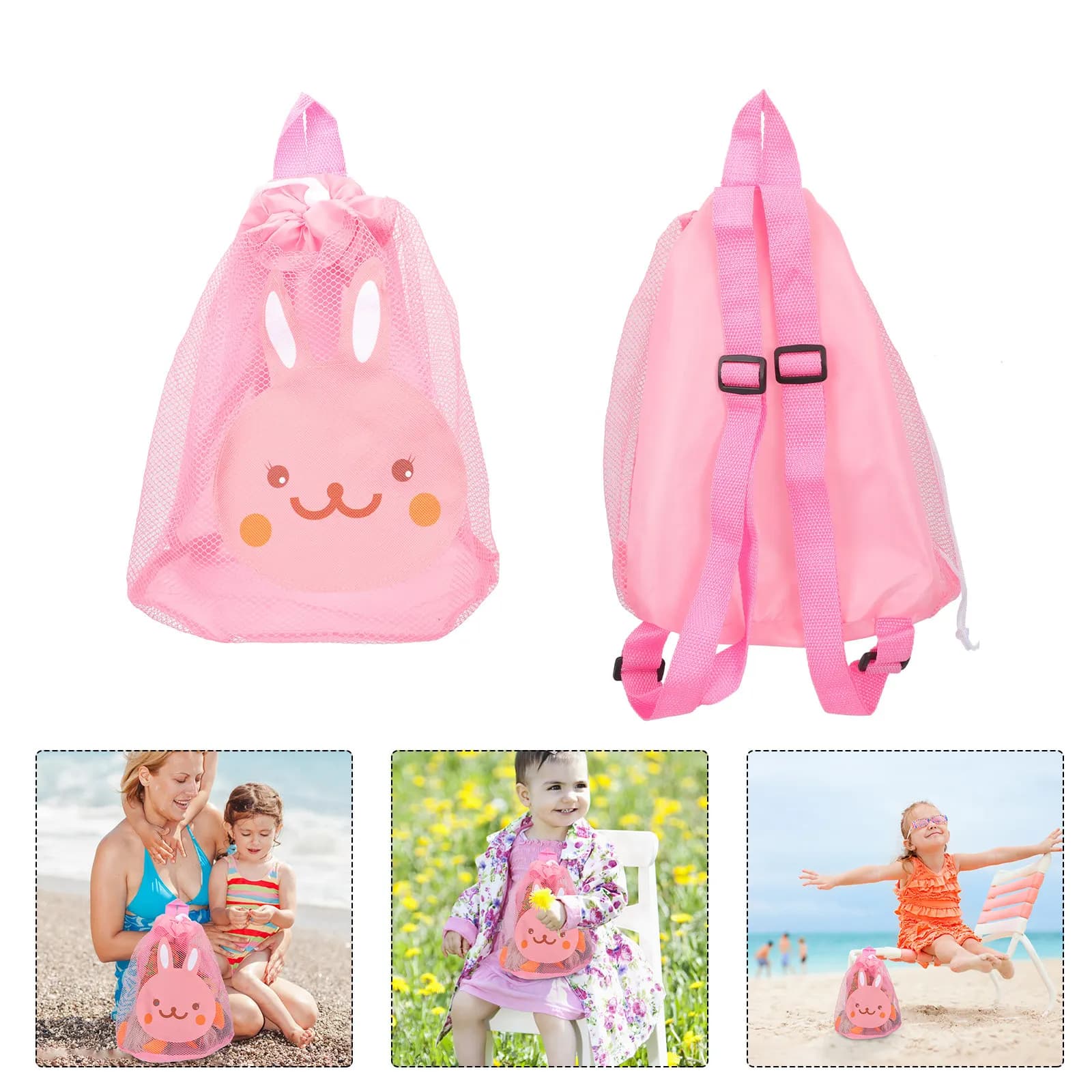 Borsa da Spiaggia per Bambini in Rete con Cartoni Animati, Robusta, Regolabile con Coulisse, Traspirante, per Raccolta Sabbia e Giocattoli da Spiaggia
