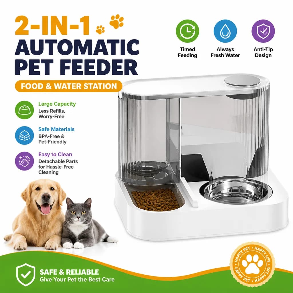 2 In 1 Pet Feeder Water Dispenser Automatic Food Water Bowl Anti-spill Feeding Station For Cats Dogs