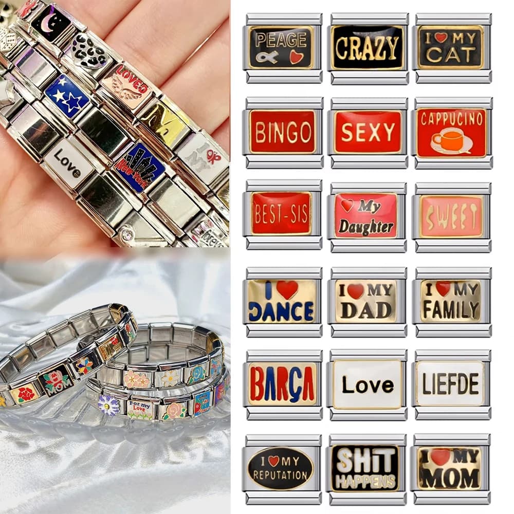 Lettera inglese Amo il mio gatto Bingo Love Link per catena elastica Gioielli fai da te Bracciale con ciondolo italiano in acciaio inossidabile da 9 mm