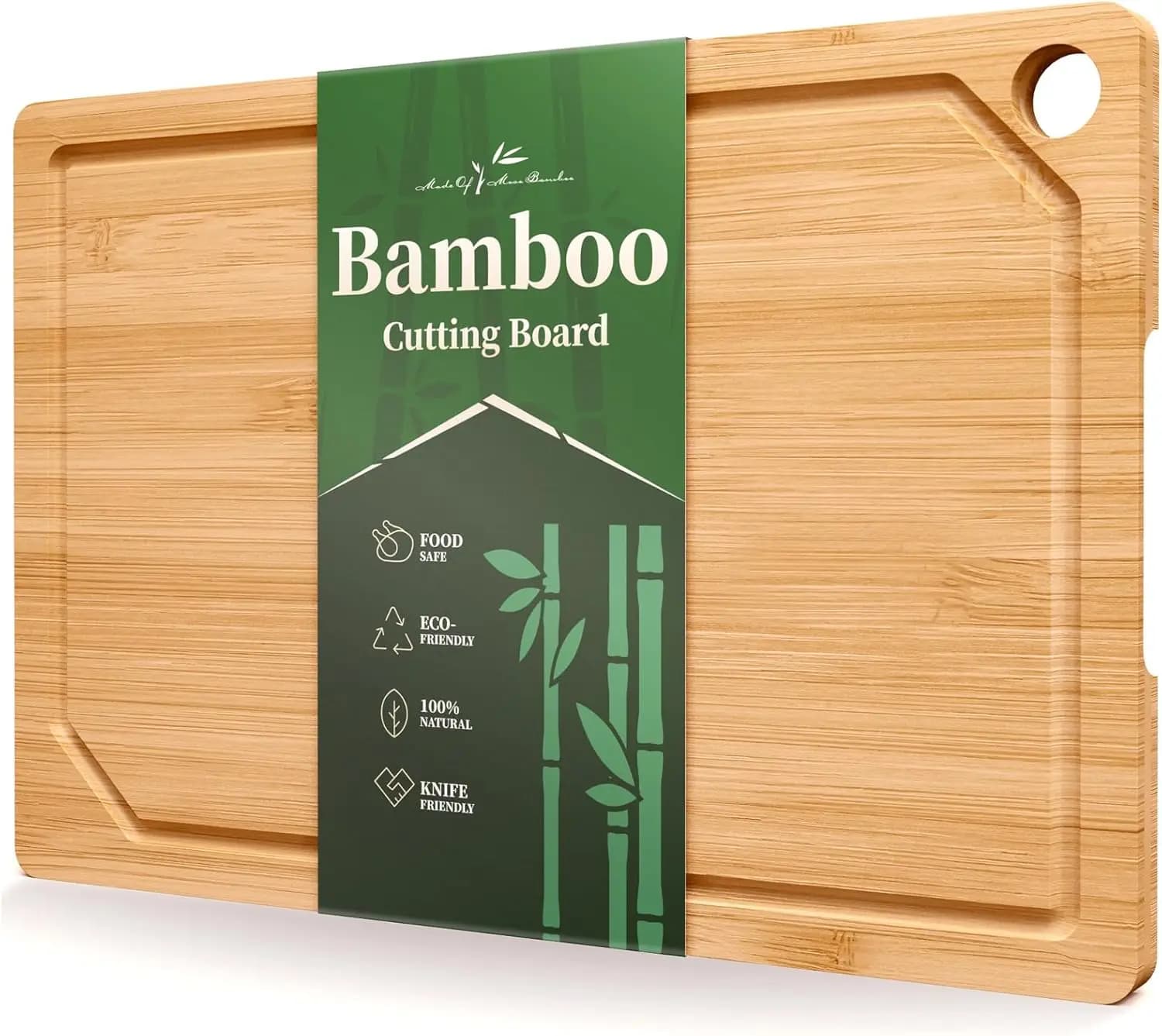 Multi-measure bamboo cutter with deep grooves for juice drain, natural wood to cut and serve in the kitchen