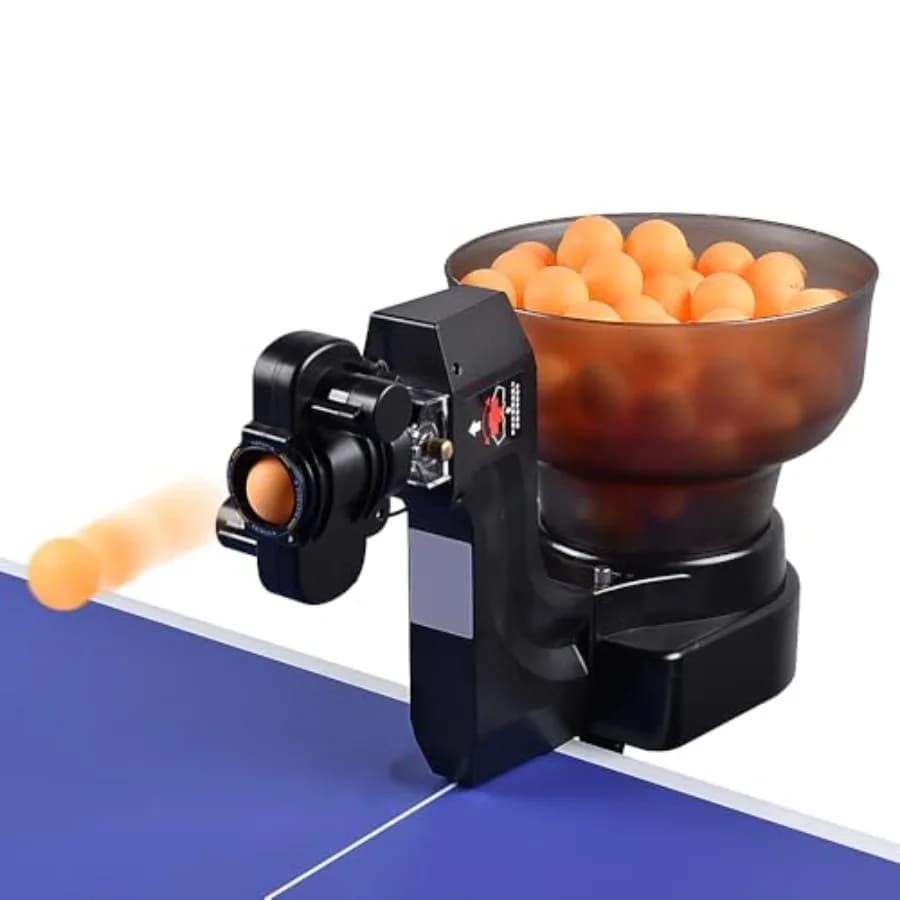 Robot per allenamento di tennis tavolo HP-07 per uso interno, corpo in plastica ABS, colore nero-grigio, alimentazione automatica di 50 palline e rotazione regolabile.