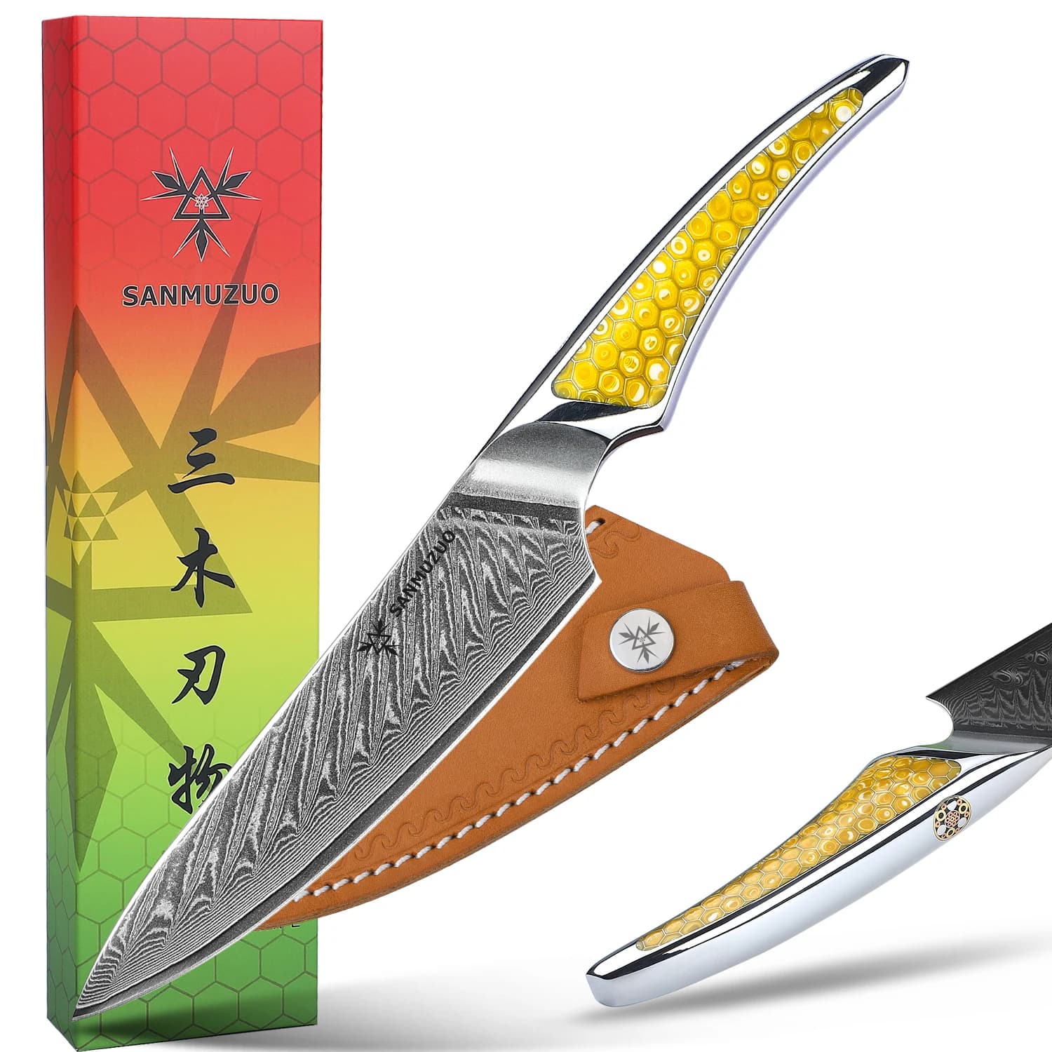 SANMUZUO Coltello multiuso Damasco da 5 pollici - Coltello da chef da cucina in acciaio con nucleo serie LAS9 VG-10 - Manico in resina per carne di frutta e verdura