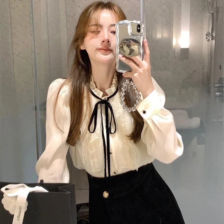 Women's Long Sleeve Chiffon Blouse Inner Wear Shirt Lace Trim Base Layer Wood Grain New Style Commute Style Loose Fit