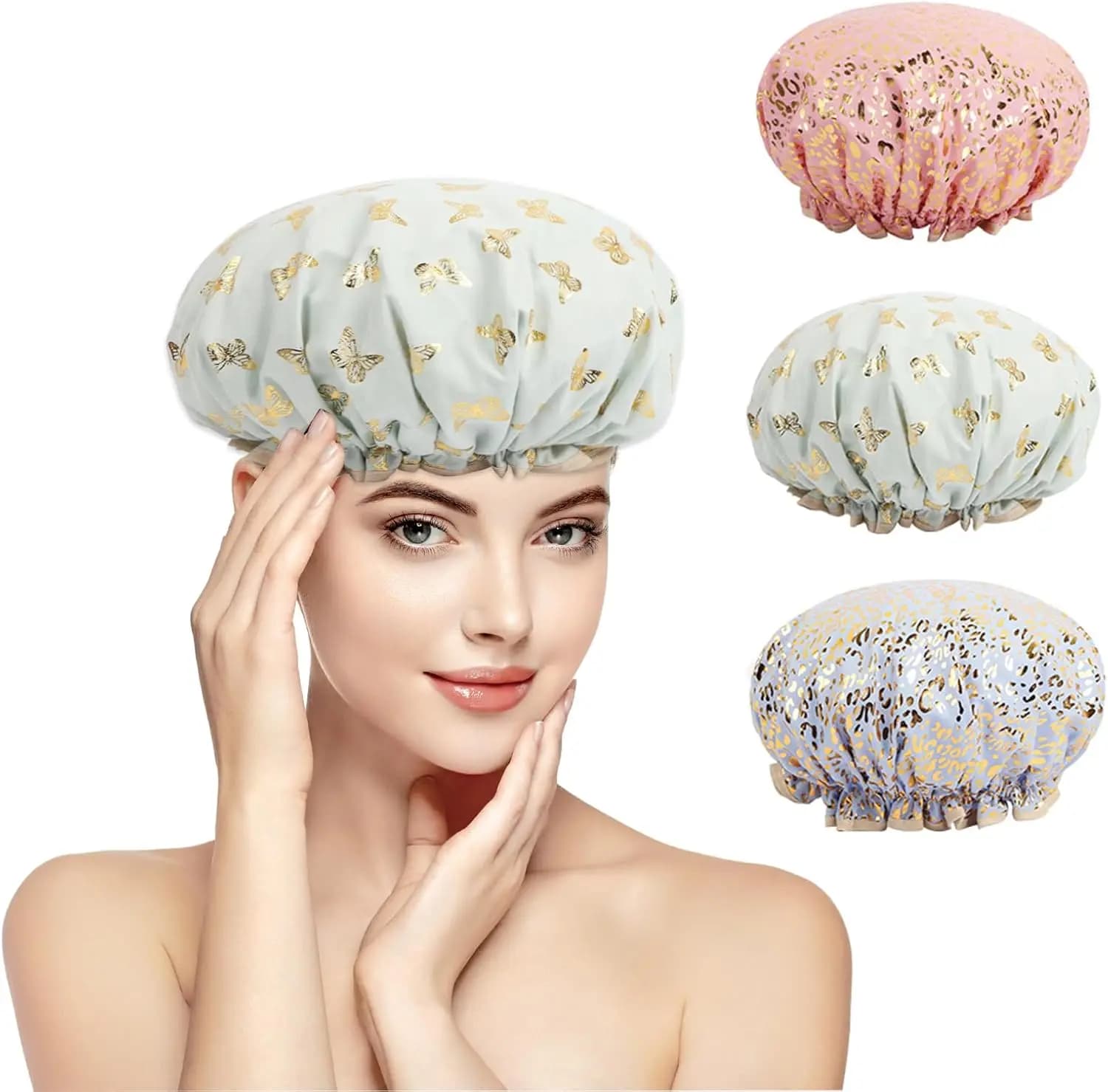Cuffia da Doccia a Farfalla alla Moda per Donne, Impermeabile e Riutilizzabile, Cappello da Bagno a Doppio Strato con Stampa Dorata in Poliestere per Doccia e Nuoto