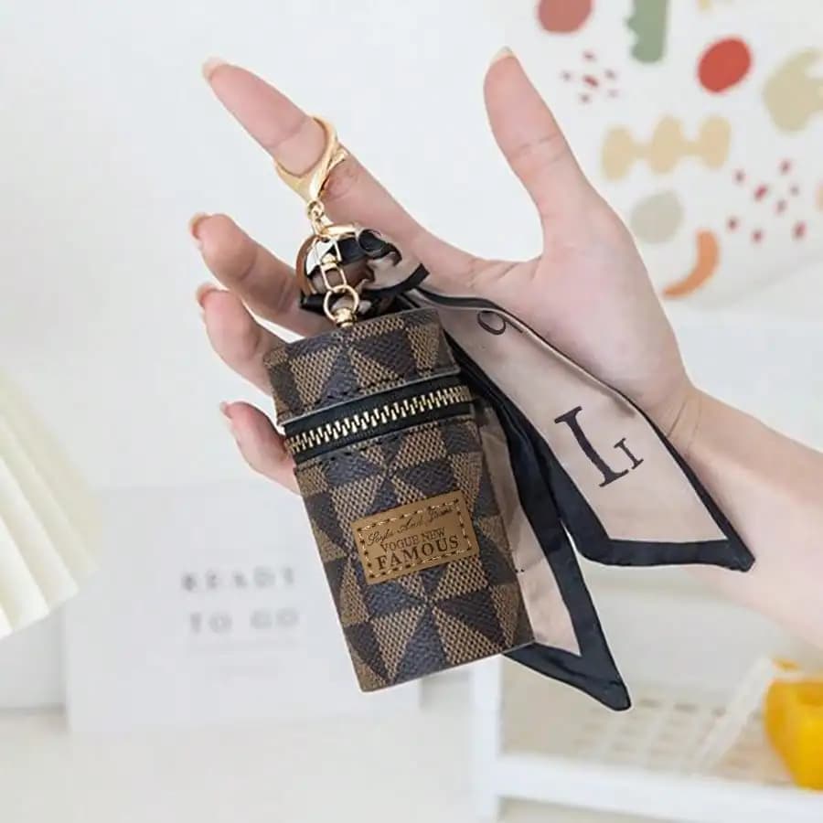 Printed Triangle Lipstick Case - Compact Zippered Keychain with Detachable Ring & Scarf