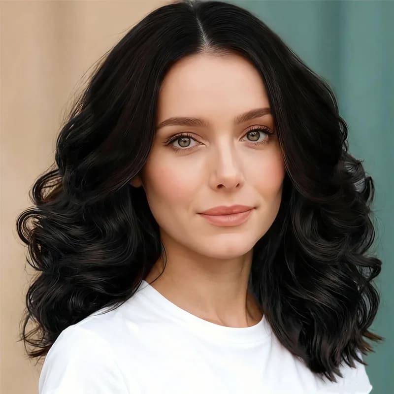 Synthetic 20 inch black wave women's wig, fashionable, smooth, and smooth, suitable for cosplay dress up, trendy wig
