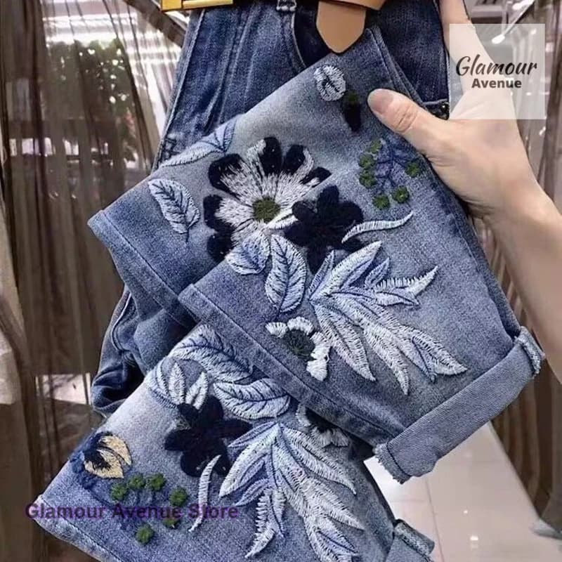 Korean retro jacquard high waist straight jeans women's spring and autumn new plus size fashion Joker slim loose wide-leg pants.