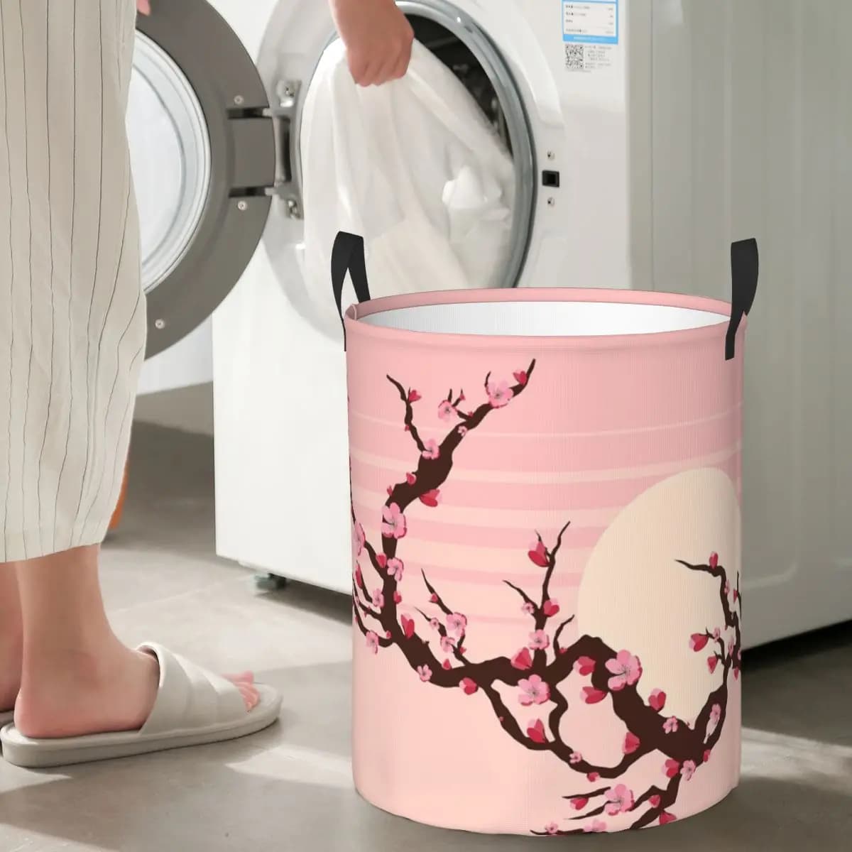 Basket for Bucato Foldable with Reason to Flowers of Japanese Cherry, Basket for White Paper and Various Objects, Large Waterproof Bag