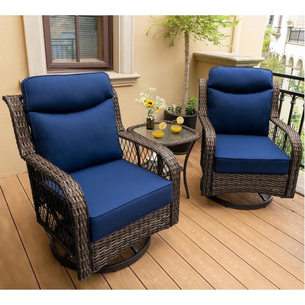 Outdoor swivel rocking chairs Swivel patio chair in 3 pieces wicker with rattan table, extra 5" pillows and 25" complete sup