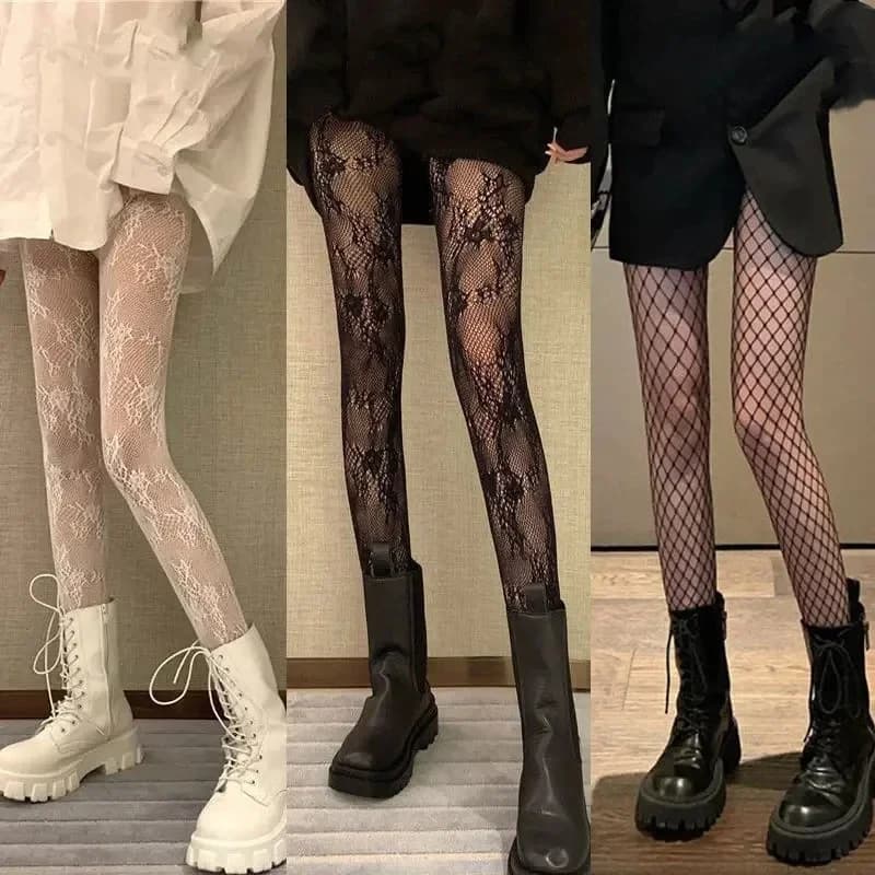 Vintage Socks with Floral Patterns, White and Black, Classic Lolita Style, Traforated Lace Socks, Sweet Style, Net Socks