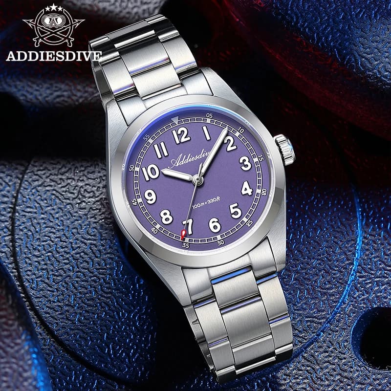 ADDIESDIVE Purple Quartz Watch Simple Stainless Steel Waterproof Watch with Sapphire Crystal Sports Wrist Watch Luminous Man