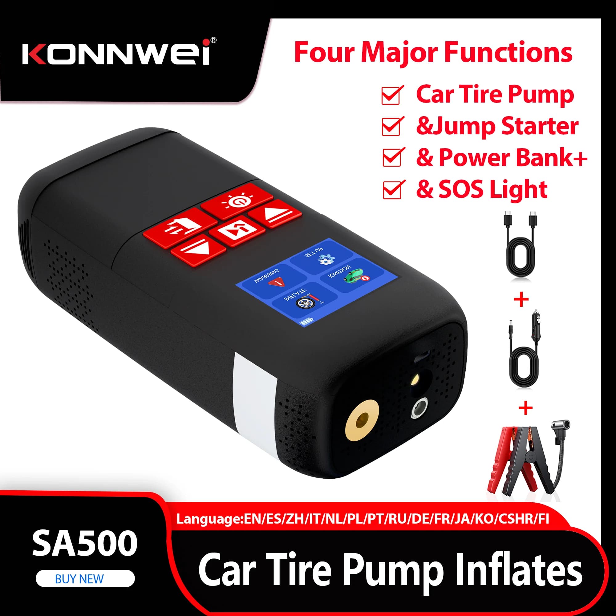 2026 KONNWEI SA500 Pompa per Pneumatici Auto con Power Bank, Luce SOS Portatile, Avviatore d'Emergenza per Auto, Compressore d'Aria 12V, Kit di Attrezzi per Veicoli