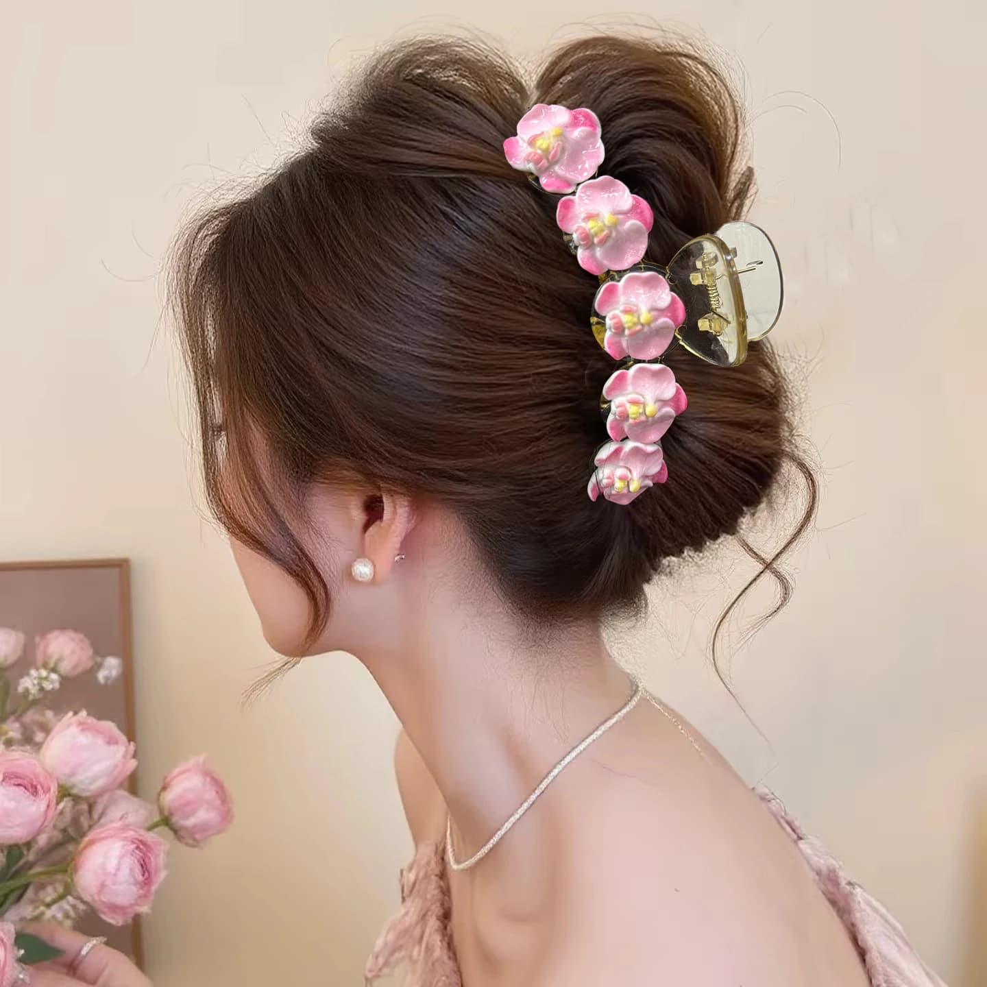 AWAYTR Fermaglio per Capelli a Coda di Cavallo con Fiore in Acrilico, Grande Clip Elegante per Capelli, Fermagli e Mollette per Donne e Ragazze, Accessori per Capelli