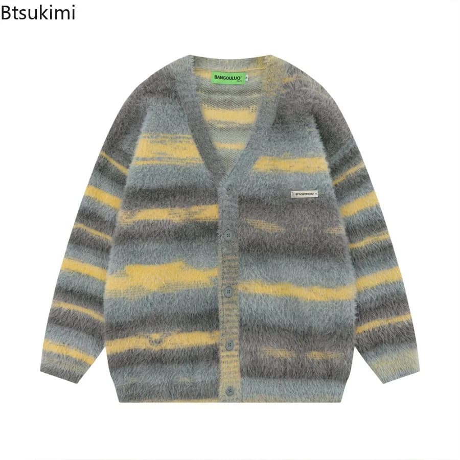Cardigan lavorato a maglia ispessito a righe gialle da uomo Giacca maglione con scollo a V a maniche lunghe allentata calda in pile ispessito autunno e inverno