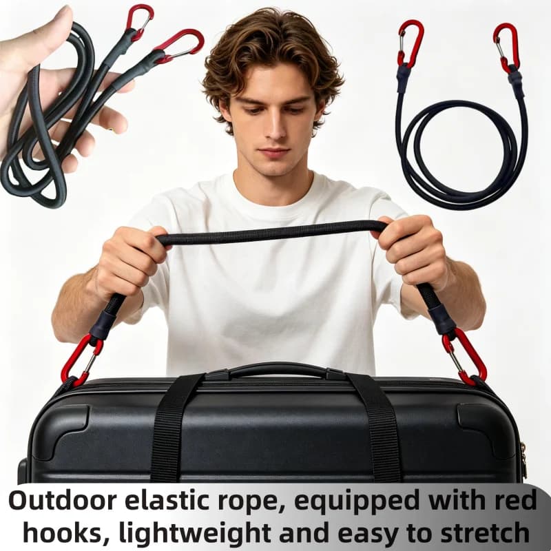 Cinghie per laccetti, corde elastiche, morsetti per impugnature, fermagli per bagagli, clip per teloni, corde per tende e accessori essenziali per il campeggio.