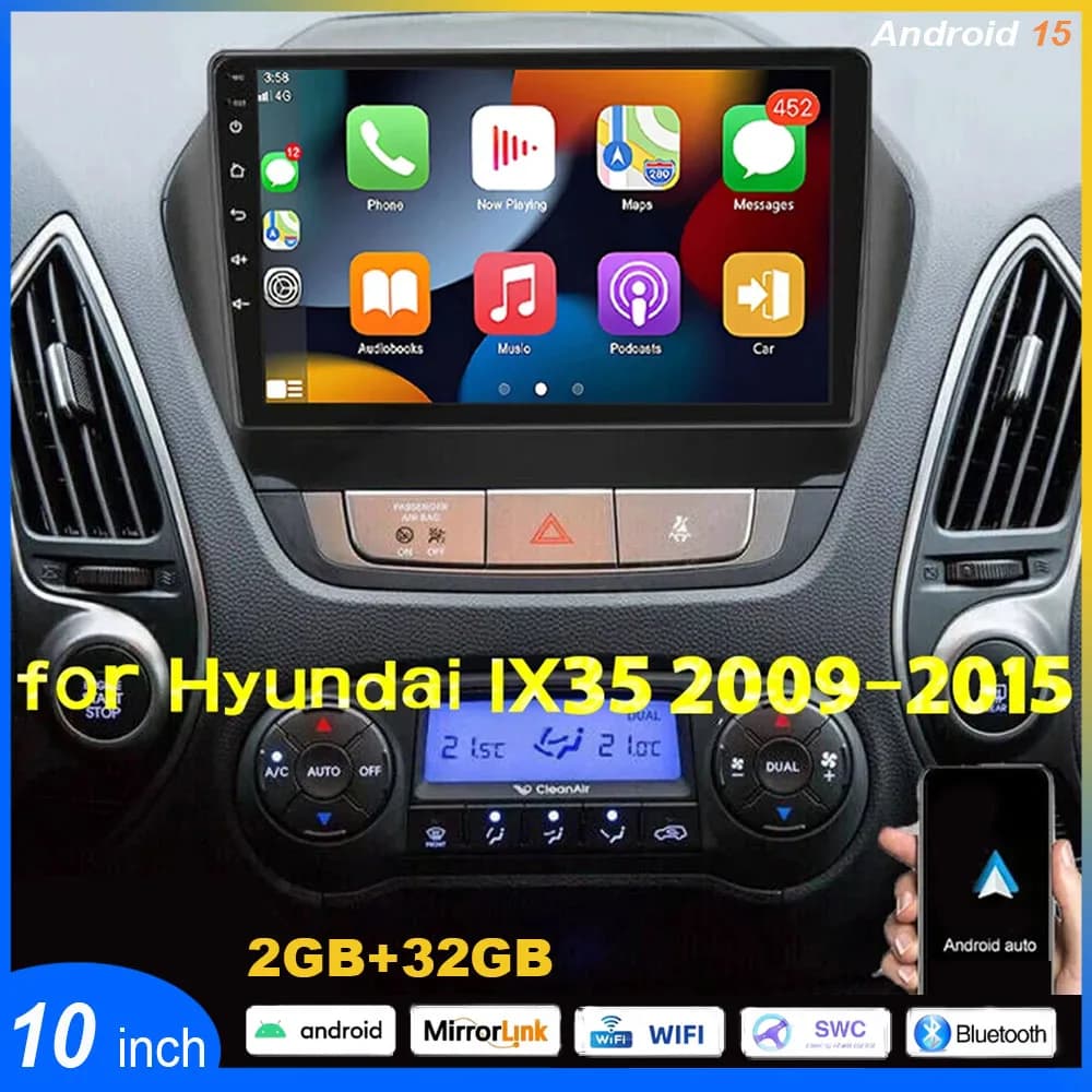 Autoradio Android 15 da 10'' con Lettore Multimediale Video per Hyundai IX35 2009-2015 con Navigazione GPS, CarPlay, Android Auto e Bluetooth