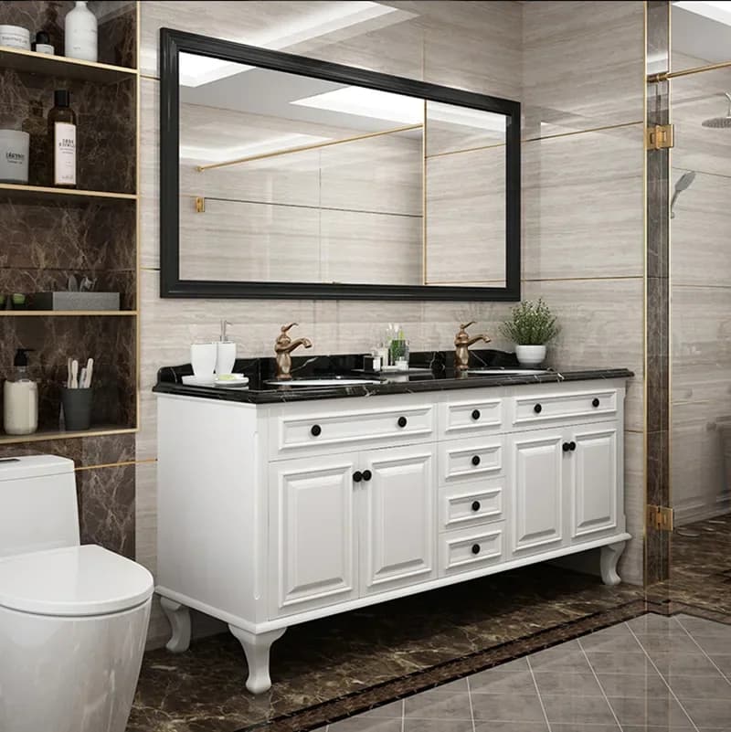 Mobiletto da bagno in legno massello, specchio intelligente, doppio lavabo, mobiletto lavabo dal pavimento al soffitto, mobiletto da bagno per Uni