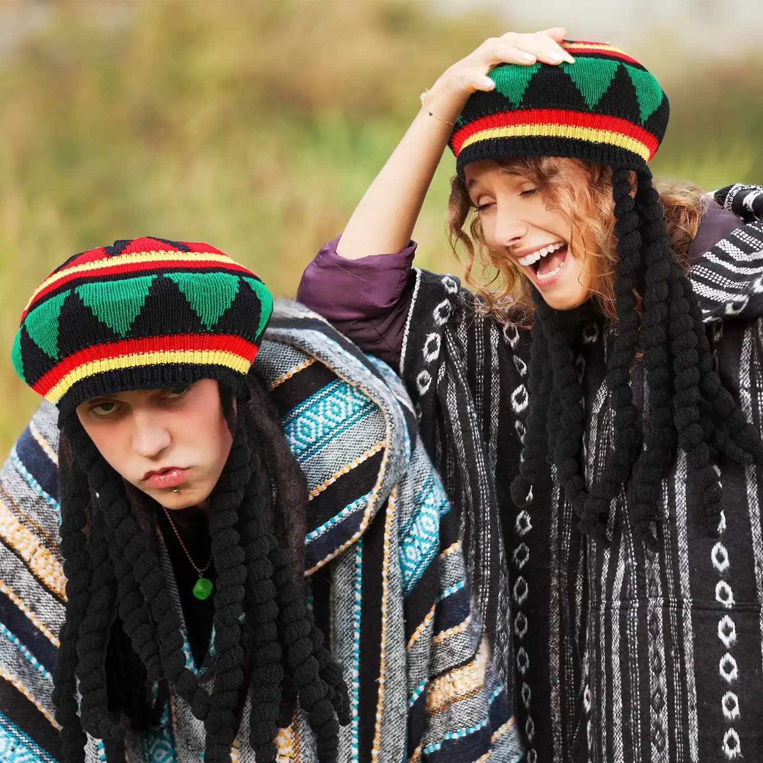 Cappello Beanie in Maglia con Parrucca Sintetica per Trecce Africane e Giamaicane, Stile Marley Rasta Dreadlocks, Copricapo per Halloween, Cosplay, Reggae e Caraibi